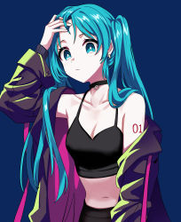 Rule 34 | 1girl, black choker, blue background, blue eyes, blue hair, breasts, choker, cleavage, closed mouth, clothes down, coat, collarbone, crop top, earrings, hand in own hair, hatsune miku, highres, ille (xcpa7325), jewelry, long hair, long sleeves, midriff, navel, open clothes, open coat, simple background, small breasts, solo, stomach, twintails, very long hair, vocaloid