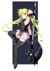 1girl arm_up armband armpits ban_(777purin) bardiche_(nanoha) belt black_background black_gloves black_leotard blonde_hair blush boots border breasts closed_mouth dated fate_testarossa from_side full_body gloves highres holding holding_staff leotard long_hair looking_at_viewer lyrical_nanoha mahou_shoujo_lyrical_nanoha miniskirt outside_border pink_skirt pleated_skirt red_armband red_eyes see-through_clothes see-through_skirt showgirl_skirt signature simple_background skirt small_breasts solo staff thigh_boots thighhighs thighs twintails very_long_hair white_border zettai_ryouiki