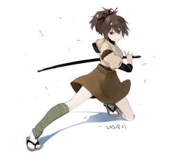 Rule 34 | 1girl, brown eyes, brown hair, brown hakama, chagen kokimu, closed mouth, dated, hair between eyes, hair ribbon, hakama, hakama short skirt, hakama skirt, holding, holding sheath, holding sword, holding weapon, ise (kancolle), japanese clothes, kantai collection, katana, on one knee, ponytail, ribbon, ribbon-trimmed sleeves, ribbon trim, sandals, sheath, simple background, skirt, solo, sword, undershirt, unsheathing, weapon, white background, zouri