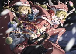 Rule 34 | 3girls, alternate costume, arm up, bare shoulders, belt, black choker, black gloves, black legwear, blonde hair, blush, box, breasts, capelet, chain, chinese clothes, choker, closed eyes, clownpiece, commentary, earth (ornament), elbow gloves, english commentary, english text, eyelashes, fairy wings, fire, frills, fur-trimmed capelet, fur trim, gift, gift box, gloves, gold chain, happy, hat, hecatia lapislazuli, highres, holding, holding sack, holding torch, jester cap, junko (touhou), long hair, long sleeves, looking to the side, medium breasts, medium hair, merry christmas, moon (ornament), multiple girls, neck ruff, open mouth, otomeza ryuseigun, pantyhose, plaid, plaid skirt, polka dot, red capelet, red eyes, red hair, red headwear, red skirt, reins, sack, santa hat, skirt, sleigh, star (symbol), star print, tabard, teeth, torch, torn sack, touhou, wide sleeves, wings, wrist cuffs