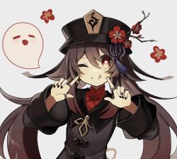 Rule 34 | 1girl, ;q, black nails, brown hair, chinese clothes, commentary request, fingers to cheeks, flower, genshin impact, hair between eyes, hat, hat flower, hat ornament, highres, hu tao (genshin impact), index fingers raised, jewelry, long hair, long sleeves, looking at viewer, merry-san, nail polish, one eye closed, red eyes, ring, sidelocks, simple background, smile, symbol-shaped pupils, tongue, tongue out, twintails, white background, wide sleeves