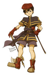 Rule 34 | 1boy, adapted costume, axe, belt, black hair, capelet, crossover, dc9spot, fire emblem, gloves, gold trim, highres, mother (game), mother 2, ness (mother 2), nintendo, red headwear, scepter, shorts