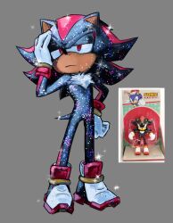 Rule 34 | 1boy, animal ears, black fur, full body, furry, furry male, gloves, gold bracelet, hedgehog, hedgehog boy, hedgehog ears, hedgehog tail, highres, red eyes, red fur, reference inset, sega, shadow the hedgehog, shoes, simple background, sonic (series), sonic the hedgehog, tail, toy, two-tone fur