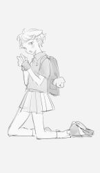 Rule 34 | 1girl, backpack, bag, blush stickers, charm (object), collared shirt, full body, grey background, greyscale, hair ornament, hands up, highres, kneeling, looking at viewer, miniskirt, monochrome, nakko (7nt5ta), open mouth, original, own hands together, pleated skirt, scrunchie, shirt, shoes, short hair, short sleeves, simple background, sketch, skirt, socks, solo, wrist scrunchie