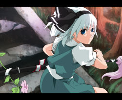 Rule 34 | 1girl, bad id, bad pixiv id, blue eyes, dain, female focus, fighting stance, flower, forest, hairband, katana, konpaku youmu, letterboxed, nature, plant, ready to draw, sheath, sheathed, short hair, skirt, solo, sword, touhou, weapon, white hair