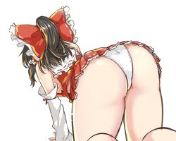 Rule 34 | 1girl, all fours, ass, ass focus, bow, breasts, detached sleeves, hakurei reimu, highres, japanese clothes, medium hair, miko, miniskirt, panties, pantyshot, red bow, red shirt, red skirt, shirt, simple background, skirt, solo, take no ko, thighs, touhou, underwear, upskirt, white background, white panties