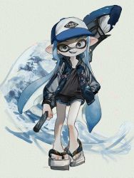 Rule 34 | 1girl, artist name, bad id, bad twitter id, baseball cap, black jacket, black shirt, black shorts, blue hair, blue hat, blue tongue, blunt bangs, colored tongue, commentary, dolphin shorts, fang, grey eyes, grey footwear, hand in pocket, hat, holding, holding behind back, holding weapon, inkling, inkling girl, inkling player character, jacket, long hair, looking at viewer, nintendo, octobrush (splatoon), open clothes, open jacket, open mouth, pointy ears, print headwear, sandals, shirt, short shorts, shorts, signature, smile, solo, splatoon (series), splatoon 2, standing, symbol-only commentary, tentacle hair, texture, ume (plumblossom), very long hair, weapon