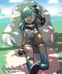 Rule 34 | 1girl, angelica (k3lly), aqua hair, arm at side, arm up, artist name, bandaid, bandaid on face, bandaid on leg, belt, black bow, black gloves, blue footwear, blush, boots, bow, breasts, brown pants, bulma, cloud, dappled sunlight, day, dirt, dragon ball, full body, gloves, goggles, goggles around neck, grass, hair bow, highres, long hair, on ground, one eye closed, open mouth, outdoors, pants, parted lips, shirt, sitting, small breasts, solo, sunlight, v, white shirt
