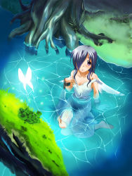Rule 34 | 1girl, bad id, bad pixiv id, barefoot, bug, butterfly, cuffs, dress, feet in water, hair over one eye, insect, koikeya, long hair, nature, original, purple eyes, purple hair, shackles, solo, strap slip, stream, submerged, water, wet, wings