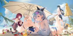 Rule 34 | 1boy, 1other, 3girls, alternate costume, armor, armpit crease, ball, bandaged arm, bandages, bare shoulders, beach, beach chair, beach towel, beach umbrella, beachball, bikini, black bikini, black bow, black cat, black hair, black male swimwear, black shorts, blade (honkai: star rail), blowing bubbles, blue-tinted eyewear, blue bikini, blue choker, blue innertube, blue sky, bow, breasts, can, cat, center opening, chewing gum, chinese commentary, choker, cleavage, closed mouth, cloud, collarbone, commentary request, cooking, criss-cross straps, crossed bangs, crossed legs, detached sleeves, drill hair, drill ponytail, drink can, ear piercing, eating, eyewear on head, feeding, flower, food, fruit, full armor, glass, goggles, goggles on head, gradient-tinted eyewear, grey eyes, grey hair, grill, grilling, hair behind ear, hair between eyes, hair bow, hair ornament, hairclip, handheld game console, high ponytail, highres, holding, holding food, holding handheld game console, holding ice cream, holding skewer, holding swim ring, honkai: star rail, honkai (series), ice cream, innertube, jing dian da mo dao, kafka (honkai: star rail), large breasts, legs up, lemon, lemon slice, lemonade, light rays, long hair, looking at another, lying, magazine (object), male swimwear, multiple girls, ocean, on stomach, one-piece swimsuit, palm tree, piercing, playing games, purple-tinted eyewear, purple eyes, purple hair, purple one-piece swimsuit, purple sleeves, red eyes, red flower, red petals, round eyewear, sam (honkai: star rail), sand, see-through, see-through shirt, shirt, short coat, shorts, side-tie bikini bottom, sidelocks, silver wolf (honkai: star rail), sitting, skewer, sky, smile, soda can, standing, stelle (honkai: star rail), sunglasses, swim ring, swimsuit, the pose, thigh strap, tinted eyewear, toned, toned male, topless male, towel, trailblazer (honkai: star rail), tree, umbrella, underboob, unworn eyewear, white armor, white shirt, yellow eyes