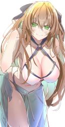 Rule 34 | 1girl, absurdres, bad id, bad twitter id, bare shoulders, bikini, blue ribbon, breasts, cleavage, closed mouth, collarbone, e sky rugo, girls&#039; frontline, green eyes, hair ribbon, hand in own hair, hand on back, highres, large breasts, long hair, looking at viewer, o-ring, o-ring bikini, official alternate costume, orange hair, ribbon, smile, solo, springfield (girls&#039; frontline), springfield (stirring mermaid) (girls&#039; frontline), swimsuit, white background, white bikini