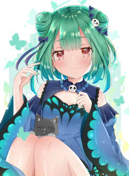 Rule 34 | 1girl, 1other, :3, absurdres, animal, animal ears, blue bow, blue ribbon, blush, bow, breasts, cat, cat ears, cleavage cutout, closed eyes, clothing cutout, collared dress, detached sleeves, double bun, dress, earrings, fingernails, green hair, hair bun, hair ornament, highres, hololive, jewelry, kaya (tyhk7874), looking at viewer, nail polish, red eyes, ribbon, sidelocks, skull hair ornament, sleeveless, sleeveless dress, small breasts, smile, solo, uruha rushia, uruha rushia (1st costume), virtual youtuber, whiskers, wide sleeves