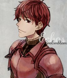 Rule 34 | 1boy, armor, copyright name, fire emblem, fire emblem echoes: shadows of valentia, grey background, lukas (fire emblem), male focus, nintendo, portrait, recton, red armor, red eyes, red hair, solo