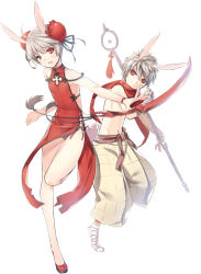 Rule 34 | 10s, 1boy, 1girl, animal ears, bandages, blade &amp; soul, brown hair, bun cover, china dress, chinese clothes, double bun, dress, flat chest, hair bun, highres, looking at viewer, lyn (blade &amp; soul), monster girl, navel, open mouth, panties, pants, rabbit ears, rabbit tail, red eyes, scarf, short hair, sleeveless, sleeveless dress, smile, staff, sword, tail, tama (tamatamo), topless, underwear, weapon, white background