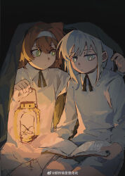 Rule 34 | 2girls, absurdres, aged down, black background, black ribbon, book, bright pupils, chinese commentary, closed mouth, collared dress, commentary request, dress, expressionless, green eyes, grey hair, hairband, highres, holding, holding book, lantern, long hair, multiple girls, neck ribbon, night, open mouth, orange hair, reverse:1999, ribbon, shared blanket, sonetto (reverse:1999), sweatdrop, vertin (reverse:1999), weibo watermark, white dress, white hairband, white pupils, yanlingjinshilihuahua