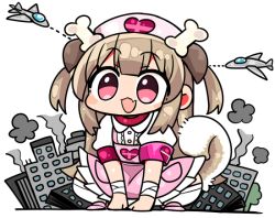 Rule 34 | 1girl, aircraft, airplane, animal ears, apron, armband, blush stickers, bone hair ornament, brown hair, building, cartoon bone, chibi, collared shirt, dog ears, dog girl, dog tail, fang, full body, giant, giantess, hair ornament, hat, heart, kanikama, kemonomimi mode, long hair, natori sana, nurse, nurse cap, open mouth, pink apron, pink footwear, pink hat, pleated skirt, puffy short sleeves, puffy sleeves, red eyes, sana channel, shirt, short sleeves, skirt, smoke, solo, squatting, tail, thighhighs, two side up, very long hair, virtual youtuber, white background, white shirt, white skirt, white thighhighs