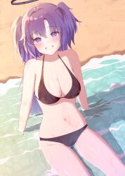 Rule 34 | 1girl, alternate costume, arm support, beach, bikini, black bikini, blue archive, blush, breasts, cleavage, dopushan, feet out of frame, groin, halo, highres, looking at viewer, medium breasts, navel, on ground, purple eyes, purple hair, shallow water, sitting, smile, solo, stomach, string bikini, swimsuit, two side up, water, yuuka (blue archive)
