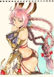 Rule 34 | 1girl, animal ears, ass, bare shoulders, blue eyes, braid, breasts, cleavage, cleavage cutout, clothing cutout, detached sleeves, tien (granblue fantasy), frown, granblue fantasy, kiasa, large breasts, looking at viewer, panties, pink hair, sketch, solo, traditional media, underwear