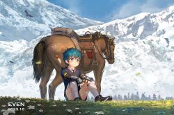 Rule 34 | 1boy, artist name, bird, blue eyes, blue hair, child, dated, even1672, fingerless gloves, gloves, highres, horse, male focus, mountainous horizon, on grass, on ground, original, saddle, shorts, solo, sweater vest, sword, tree, weapon