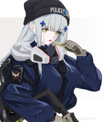 Rule 34 | 1girl, agent 416 (girls&#039; frontline), agent 416 (shield of manhattan) (girls&#039; frontline), assault rifle, backpack, bag, black hat, blue hair, blue jacket, breasts, commentary, food, girls&#039; frontline, gloves, green eyes, grey gloves, gun, h&amp;k hk416, hair ornament, hairclip, hat, headphones, headphones around neck, hk416 (girls&#039; frontline), holding, holding food, holding gun, holding weapon, ingerdoll, jacket, light blue hair, long hair, long sleeves, looking at viewer, mask, mask around neck, medium breasts, open mouth, police hat, respirator, rifle, solo, tom clancy&#039;s the division, upper body, weapon, white background