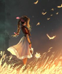Rule 34 | 1girl, absurdres, aerith gainsborough, artist name, basket, bird, boots, bracelet, braid, brown hair, covered face, field, final fantasy, final fantasy vii, final fantasy vii remake, flock, flower, flower basket, full body, hair ribbon, highres, holding, holding basket, jacket, jewelry, long hair, outdoors, pink ribbon, profile, red jacket, ribbon, safaia, short sleeves, single braid, skirt, solo, standing, white flower, white skirt
