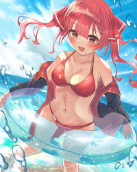 Rule 34 | 1girl, absurdres, ayama nano, bikini, black jacket, blue sky, breasts, cleavage, cloud, commentary request, day, dutch angle, highres, hololive, horizon, houshou marine, houshou marine (summer), innertube, jacket, large breasts, leaning forward, long hair, looking at viewer, ocean, open clothes, outdoors, red bikini, red eyes, red hair, see-through, sky, solo, standing, swim ring, swimsuit, twintails, virtual youtuber, yellow eyes