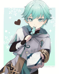 Rule 34 | 1boy, blue eyes, blue hair, candy, chinese clothes, chocolate, chongyun (genshin impact), commentary, english commentary, food, genshin impact, gift, gloves, hair between eyes, heart, highres, holding, holding gift, incoming gift, looking at viewer, male focus, shimanakao (shimanaka sushi), short hair, simple background, straight-on