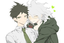 2boys ahoge badge blush breast_pocket brown_hair casssstle12 closed_eyes closed_mouth danganronpa_(series) danganronpa_2:_goodbye_despair green_jacket green_necktie grey_hair heart highres hinata_hajime hood hood_down hug jacket komaeda_nagito male_focus multiple_boys necktie pocket short_hair simple_background smile spiked_hair sweatdrop upper_body white_background yaoi