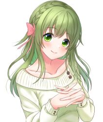 1girl braid commentary french_braid green_eyes green_hair green_sweater hozumiya_(hozumi8) long_hair project_tokyo_dolls shiori_(project_tokyo_dolls) simple_background smile solo sweater white_background