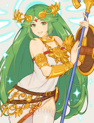 Rule 34 | 1girl, armlet, artist name, belt, dress, female focus, green eyes, green hair, highres, holding, holding staff, jewelry, jivke, kid icarus, long hair, looking at viewer, matching hair/eyes, necklace, nintendo, palutena, parted lips, shield, signature, smile, solo, staff, thighhighs, vambraces, very long hair, white dress, white thighhighs