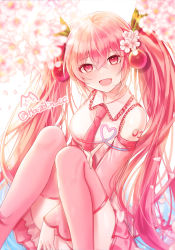 Rule 34 | 1girl, 723/nanahumi, :d, bad id, bad pixiv id, blurry, blurry foreground, blush, cherry blossoms, commentary, depth of field, detached sleeves, fingernails, flower, hair between eyes, hair flower, hair ornament, hatsune miku, heart, index finger raised, knees up, long hair, long sleeves, looking at viewer, necktie, open mouth, pink hair, pink necktie, pink skirt, pink sleeves, pink theme, pink thighhighs, pleated skirt, red eyes, sakura miku, shirt, sidelocks, signature, sitting, skirt, sleeveless, sleeveless shirt, smile, solo, symbol-only commentary, thighhighs, twintails, twitter username, very long hair, vocaloid, white flower, white shirt, wide sleeves