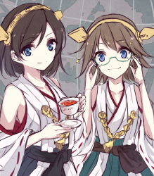 Rule 34 | 10s, 2girls, :3, bad id, bad pixiv id, bare shoulders, berukko, bespectacled, black hair, blue eyes, blush, boots, borrowed clothes, brown hair, cup, detached sleeves, glasses, hairband, headgear, hiei (kancolle), japanese clothes, kantai collection, kirishima (kancolle), multiple girls, no eyewear, nontraditional miko, personification, plaid, ribbon-trimmed sleeves, ribbon trim, saucer, short hair, skirt, teacup