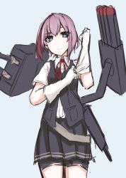 Rule 34 | 10s, 1girl, adjusting clothes, adjusting gloves, bike shorts, blue eyes, cowboy shot, expressionless, gloves, kantai collection, looking at viewer, mecha musume, mikoto (oi plus), neck ribbon, pink hair, pleated skirt, red ribbon, ribbon, school uniform, shiranui (kancolle), short hair, simple background, sketch, skirt, solo, white gloves