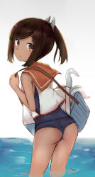 Rule 34 | 10s, 1girl, brown eyes, brown hair, highres, i-401 (kancolle), kantai collection, kure (kure ng), open mouth, partially submerged, ponytail, sailor collar, sailor shirt, school swimsuit, shirt, short hair, sleeveless, sleeveless shirt, solo, swimsuit, swimsuit under clothes, wading, water