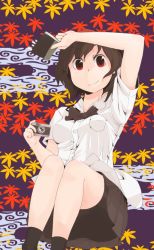 Rule 34 | 1girl, autumn leaves, black skirt, brown hair, female focus, looking at viewer, pom pom (clothes), puffy short sleeves, puffy sleeves, red eyes, sacha, shameimaru aya, short hair, short sleeves, sitting, skirt, solo, touhou