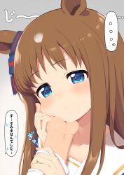 Rule 34 | ..., 1boy, 1girl, animal ears, blue bow, blue eyes, blue shirt, blush, bow, brown hair, closed mouth, collarbone, commentary request, ear bow, grass wonder (umamusume), grey background, hand grab, head tilt, highres, horse ears, long hair, long sleeves, out of frame, ransusan, sailor collar, shirt, simple background, solo focus, spoken ellipsis, striped, striped bow, translation request, umamusume, upper body, white sailor collar