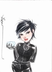 Rule 34 | 1girl, batman (series), black hair, bodysuit, catwoman, dc comics, diamond (gemstone), dustin nguyen, selina kyle, short hair, signature, simple background, solo