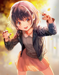 Rule 34 | 1girl, absurdres, black hair, blush, bob cut, brown eyes, claw pose, commentary request, earrings, fang, highres, jacket, jewelry, leather, leather jacket, looking at viewer, nail polish, nishizawa, no panties, open mouth, original, see-through, short hair, skirt, smile, solo, standing, sweater