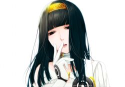 Rule 34 | 1girl, artist name, black eyes, black hair, blunt bangs, closed mouth, detached collar removed, dress, eyelashes, gloves, gnosia, hairband, hime cut, hmf (hydrangea), long hair, looking at viewer, smile, solo, straight hair, white dress, white gloves, yuriko (gnosia)