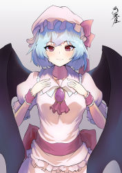 Rule 34 | 1girl, absurdres, ascot, bird wings, black wings, blue hair, closed mouth, collarbone, collared shirt, hat, highres, looking at viewer, mob cap, red ascot, red eyes, remilia scarlet, shirt, short hair, signature, simple background, smile, solo, touhou, white background, white hat, white shirt, wings, yagoro kusuriya