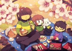 Rule 34 | 3others, antenna hair, artist name, asriel dreemurr, basket, bento, black pantyhose, black shirt, black socks, boots, bowl, branch, brown eyes, brown footwear, brown hair, brown pants, brown shorts, cake, cake slice, chara (undertale), character doll, chopsticks, closed eyes, closed mouth, collared shirt, colored skin, commentary, crossed legs, cup, dango, deltarune, eating, english commentary, flower, food, frisk (undertale), grass, green sweater, hands up, heart, heart necklace, holding, holding cake, holding food, holding thermos, jewelry, kris (deltarune), lari-lab, leaf, long sleeves, looking to the side, multiple others, necklace, onigiri, outdoors, pants, pantyhose, petals, picnic, picnic basket, plate, puffy long sleeves, puffy sleeves, purple shorts, purple sweater, rice, seiza, shadow, shirt, short hair, shorts, single stripe, sitting, smile, socks, striped clothes, striped sweater, sweater, tea, thermos, tree, undertale, unworn boots, wagashi, white flower, yellow skin