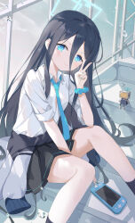 Rule 34 | 1girl, :3, ankle socks, aqua halo, aris (blue archive), arm between legs, black hair, black socks, blue archive, blue eyes, blue nails, blue necktie, blue scrunchie, blush, breasts, closed mouth, clothes around waist, green halo, hair between eyes, halo, handheld game console, head tilt, highres, humanoid robot, indoors, jacket, jacket around waist, light blush, long hair, looking at viewer, necktie, open clothes, open shirt, partially unbuttoned, rectangular halo, ribbed socks, ringed eyes, robot, scrunchie, serika, shirt, short sleeves, sitting, sitting on stairs, skirt, sleeves rolled up, small breasts, smile, socks, solo, stairs, thighs, uniform, v, v-shaped eyebrows, very long hair, window, wrist scrunchie