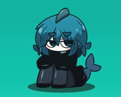 Rule 34 | 1girl, aqua background, black dress, black footwear, blue eyes, blue hair, blush, chibi, commentary, dress, english commentary, fins, fish tail, fuka-chan, full body, grey pantyhose, highres, knees up, long sleeves, original, pantyhose, shadow, shark tail, shoes, short eyebrows, sitting, sleeves past fingers, sleeves past wrists, solo, tail, thick eyebrows, uni souchou