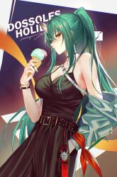 Rule 34 | 1girl, arknights, arm up, black dress, bracelet, breasts, cleavage, commentary, cowboy shot, dress, english text, eyeshadow, food, gradient background, green hair, hannya, highres, holding, holding food, horns, hoshiguma (arknights), ice cream cone, jacket, jewelry, kernel killer, charm (object), large breasts, long hair, looking at viewer, makeup, multicolored background, necklace, off-shoulder jacket, off shoulder, ponytail, red eyeshadow, sidelocks, simple background, single horn, solo, strapless, strapless dress, white jacket, yellow eyes