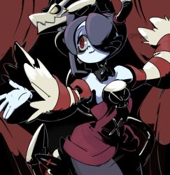 Rule 34 | 1girl, 770mk, blue hair, blue skin, colored skin, curtains, detached collar, detached sleeves, dress, outstretched arms, side ponytail, skullgirls, smile, solo, squigly (skullgirls), striped sleeves, zombie