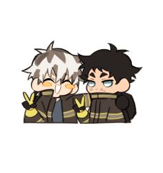 Rule 34 | 2boys, akaashi keiji, alternate costume, arm around shoulder, black gloves, black hair, black jacket, blue eyes, bokuto koutarou, chibi, claireiosity, closed eyes, dyed hair, expressionless, eyebrows, firefighter, food, food on face, forehead, gloves, haikyuu!!, hair between eyes, hair down, happy, highres, jacket, light blush, long sleeves, looking at another, looking at viewer, male focus, multicolored hair, multiple boys, open mouth, rice, short hair, sleeves past elbows, smile, teeth, two-tone hair, uniform, v, white background, white hair
