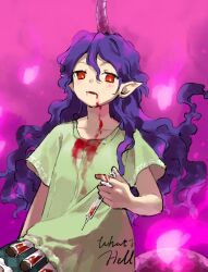 Rule 34 | 1girl, blood, blood on clothes, blood on face, clothes writing, green shirt, highres, holding, holding syringe, horns, kaigen 1025, long hair, open mouth, pointy ears, purple hair, purple horns, red eyes, shirt, short sleeves, single horn, solo, syringe, tail, tenkajin chiyari, touhou, unfinished dream of all living ghost, upper body