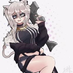 Rule 34 | 1girl, absurdres, animal ear fluff, animal ears, black eyeshadow, black jacket, breasts, cleavage, commentary, ear piercing, english commentary, eyeshadow, fang, fur trim, grey eyes, grey skirt, hair between eyes, highres, hololive, jacket, krodaur, large breasts, lion ears, makeup, navel, off shoulder, open mouth, piercing, scowl, shishiro botan, shishiro botan (1st costume), skirt, solo, thick thighs, thighs, virtual youtuber, white background