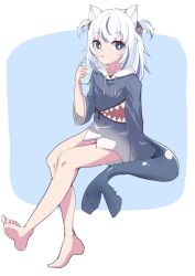 Rule 34 | 1girl, absurdres, animal ear fluff, animal ears, animal hood, ashita tein, barefoot, bendy straw, blue background, blue eyes, blue hair, blue hoodie, blush, cat ears, closed mouth, commentary, cup, drawstring, drinking straw, fins, fish tail, full body, gawr gura, gawr gura (1st costume), hair ornament, highres, holding, holding cup, hololive, hololive english, hood, hood down, hoodie, long hair, long sleeves, looking at viewer, multicolored hair, shark girl, shark hair ornament, shark hood, shark tail, sitting, soles, solo, streaked hair, tail, two-tone background, two side up, virtual youtuber, white background, white hair, wide sleeves