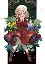 Rule 34 | 1girl, black background, boots, brown footwear, chashiba katase, clothing cutout, commentary request, covering own mouth, dress, flower, full body, gradient background, green background, hand over own mouth, hands up, highres, iwanaga kotoko, kyokou suiri, long sleeves, looking at viewer, medium hair, outside border, petals, pillarboxed, purple eyes, red dress, shoulder cutout, solo, white legwear